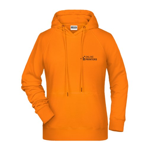 Oranger Baumwoll-Polyester-Hoodie fr Damen mit Kapuze und Kngurutasche.