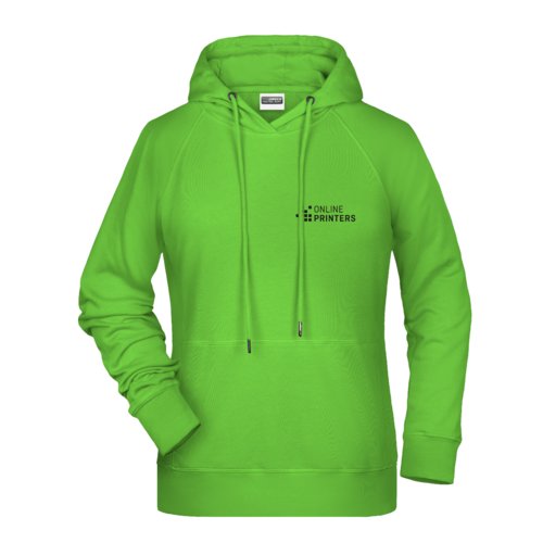 Apfelgrner Damen-Hoodie aus Baumwollmischgewebe mit Kapuze und Kordelzug.