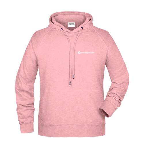 Rosa melierter Baumwoll-Polyester-Hoodie f�r Herren mit Kapuze und Kordelzug.