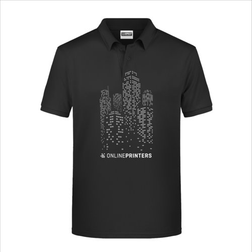 Schwarzes Baumwoll-Poloshirt mit kurzen rmeln und Knopfleiste.