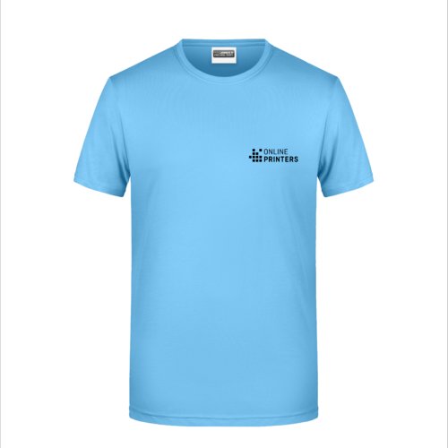 Himmelblaues Baumwoll-T-Shirt mit kurzen rmeln und Rundhalsausschnitt.