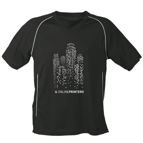 Schwarz-weies Polyester-T-Shirt mit V-Ausschnitt und kurzen rmeln.