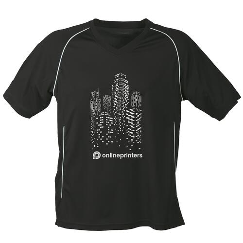 Schwarz-wei�es Polyester-T-Shirt mit V-Ausschnitt und kurzen �rmeln.