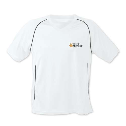 Weies und schwarzes Polyester-T-Shirt mit kurzen rmeln.