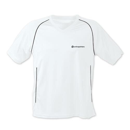 Wei�es und schwarzes Polyester-T-Shirt mit kurzen �rmeln.