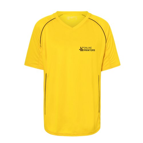 Gelbes Polyester-T-Shirt mit V-Ausschnitt und kurzen rmeln.