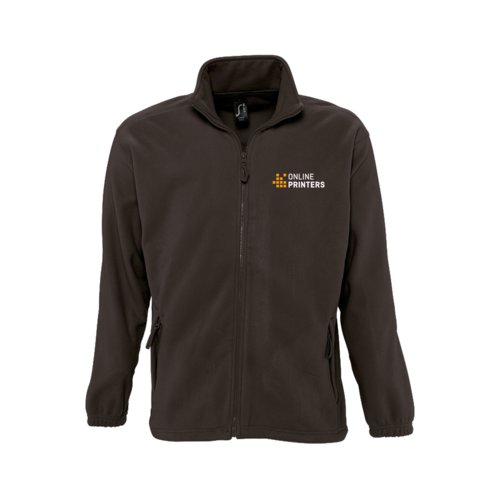 Dunkelbraune Fleecejacke aus Polyester mit durchgehendem Reiverschluss und Seitentaschen.