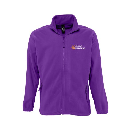 Dunkelviolette Fleecejacke aus Polyester mit durchgehendem Reiverschluss.