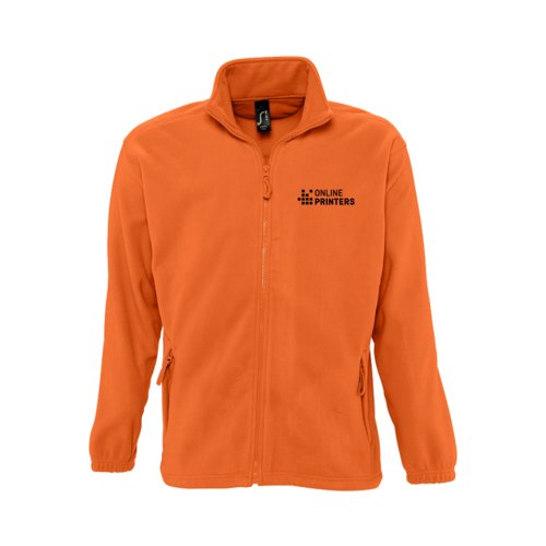 Orangefarbene Fleecejacke aus Polyester mit durchgehendem Reiverschluss.