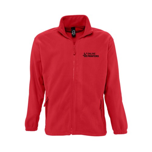 Rote Fleecejacke aus Polyester mit durchgehendem Reiverschluss.
