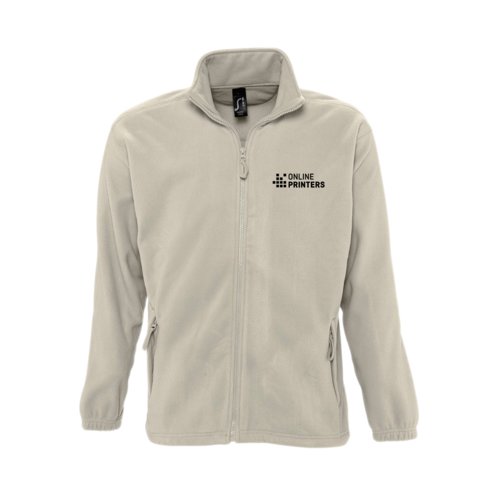 Beige Fleecejacke aus Polyester mit durchgehendem Reiverschluss.