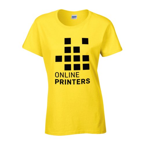 Gelbes Baumwoll-T-Shirt fr Damen mit Rundhalsausschnitt.