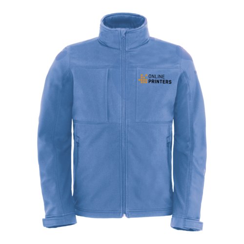 Azurblaue Softshelljacke aus Polyester und Elasthan mit Reiverschluss und Taschen.