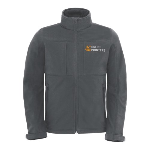 Dunkelgraue Softshelljacke aus Polyester-Elasthan-Gemisch mit Reiverschluss.