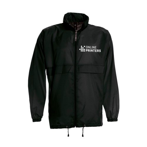 Schwarze Windjacke aus Nylon mit durchgehendem Reiverschluss.