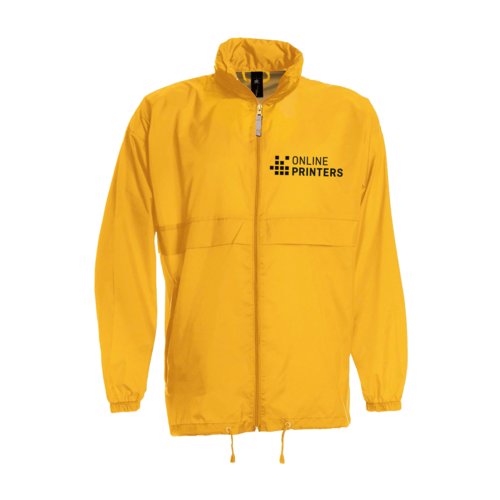Goldgelbe Nylon Windjacke mit Reiverschluss und Kapuze.