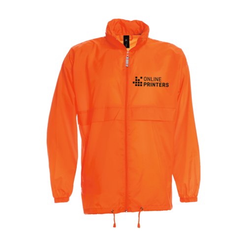 Orangene Nylon-Windjacke mit durchgehendem Reiverschluss.