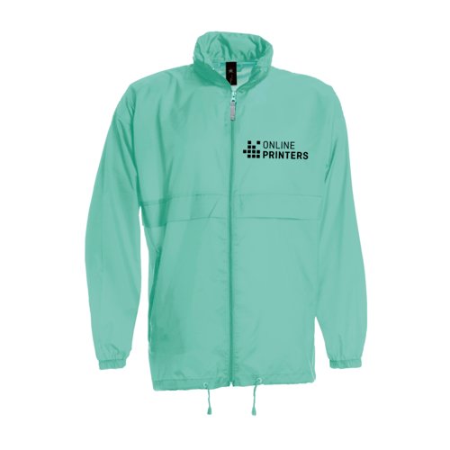 Trkisfarbene Nylon-Windjacke mit durchgehendem Reiverschluss.