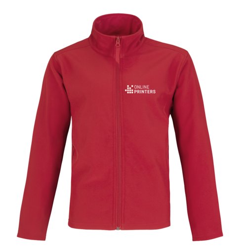 Rote Softshelljacke aus Polyester und Elasthan mit durchgehendem Reiverschluss.