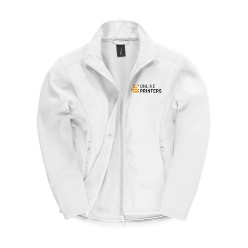 Weie Softshelljacke aus Polyester und Elasthan mit Reiverschluss.