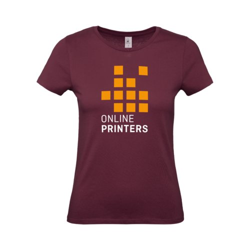 Burgunderrotes Baumwoll-T-Shirt fr Damen mit kurzen rmeln.