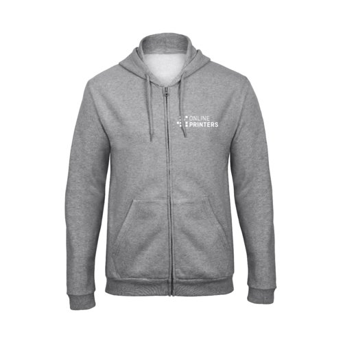 Grau melierte Sweatjacke aus Polyester-Baumwoll-Mix mit durchgehendem Reiverschluss und Kapuze.