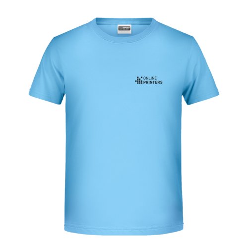 Himmelblaues Baumwoll-T-Shirt mit kurzen rmeln.