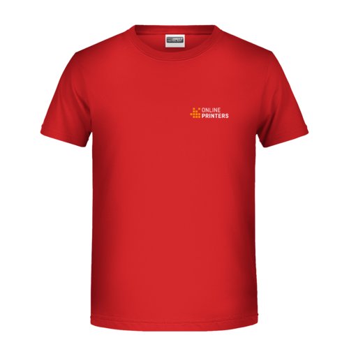Rotes Baumwoll-T-Shirt fr Kinder mit kurzen rmeln und Rundhalsausschnitt.
