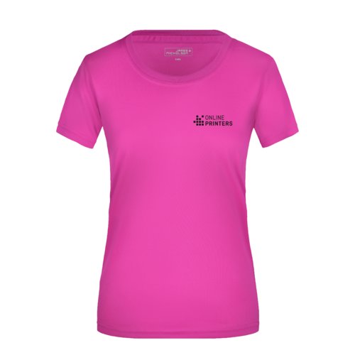 Pinkes Polyester T-Shirt fr Damen mit kurzen rmeln.