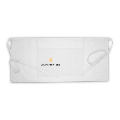 Weie Baumwollschrze mit langen Bindebndern und aufgesetzter Tasche.