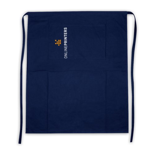 Dunkelblaue Baumwollschrze mit langen Bindebndern und aufgesetzter Tasche.