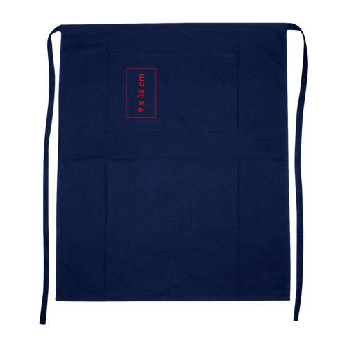 Blaue Baumwollschrze mit langen Bindebndern und aufgesetzter Tasche.