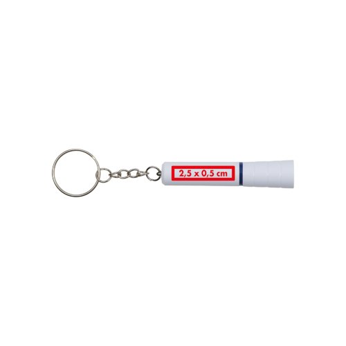 Weisser Kunststoff-Schlsselanhnger mit LED-Licht und Metallring.