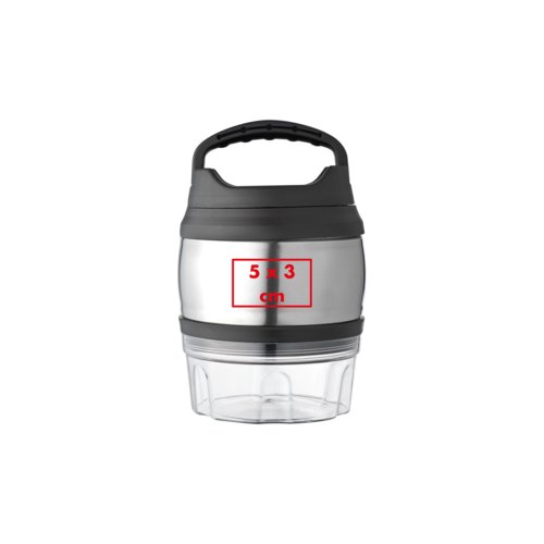 Silberner Metall- und Plastikbehlter mit Deckel und Griff.