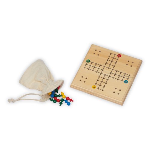 Braunes Holz-Brettspiel mit Spielfiguren und Baumwollbeutel.