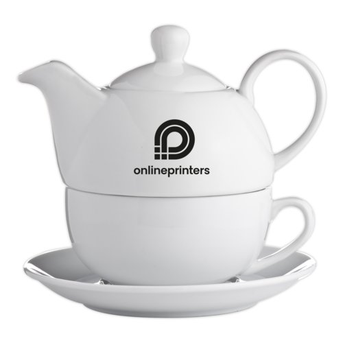 Weies Tee-Set aus Keramik, bestehend aus Teekanne, Tasse und Untertasse.