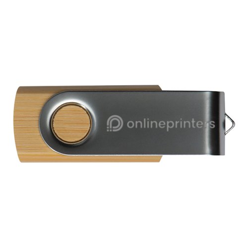 Holz-USB-Stick mit drehbarem Metallgehuse.