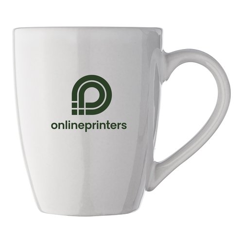 Weie Keramiktasse mit Henkel.