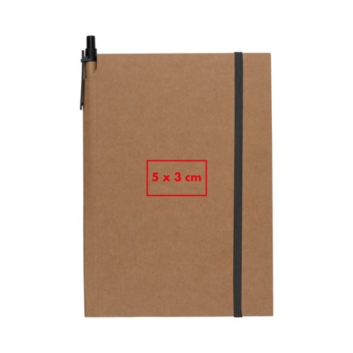 Braunes Notizbuch mit Gummibandverschluss und Stifthalter.