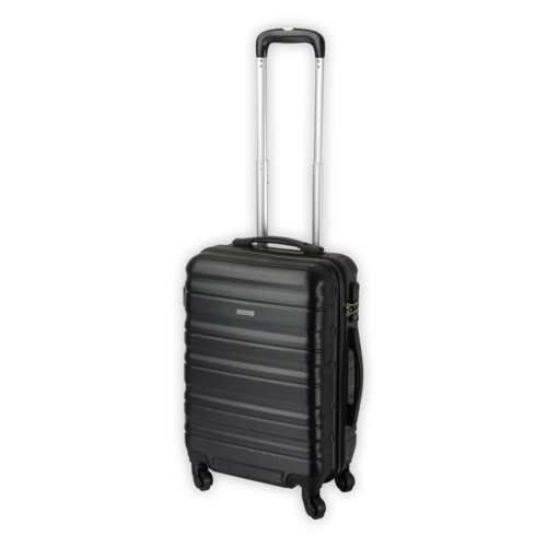 Schwarzer Reise-Trolley aus Hartschale mit Rollen und Teleskopgriff.