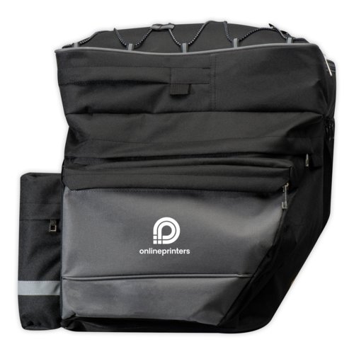 Schwarze Fahrradtasche aus robustem Material mit Seitentaschen.