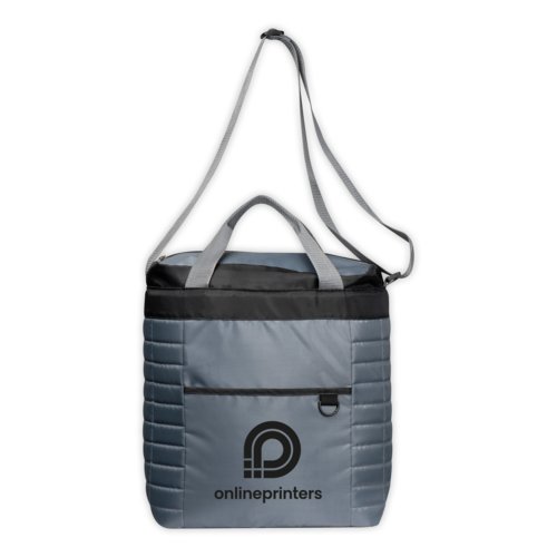 Graue Khltasche aus Stoff mit Tragegriffen und Schultergurt.