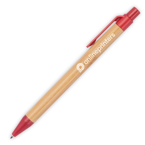 Roter Bambus-Kugelschreiber mit Clip und Druckmechanismus.