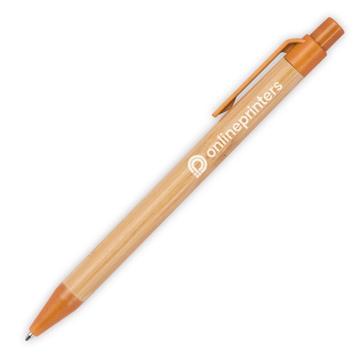 Orangefarbener Bambus-Kugelschreiber mit Clip.