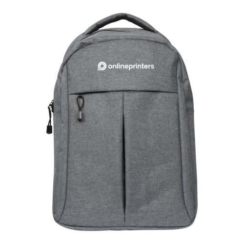Grauer Stoffrucksack mit Tragegriff und Reiverschluss.