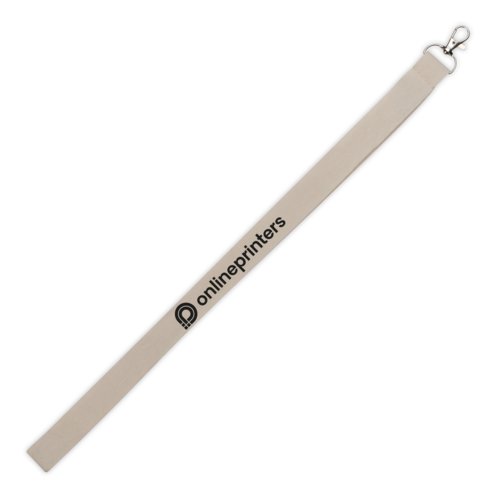 Beiger Stoff Lanyard mit Karabinerhaken.