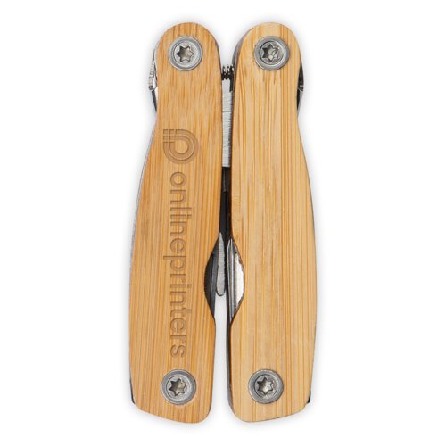 Beiges Bambus Multitool mit verschiedenen Werkzeugen.