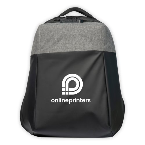 Grauer Material-Rucksack mit Tragegriff und Reiverschluss.