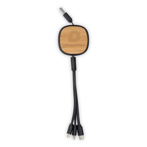 Holz Ladekabel mit USB-, Micro-USB- und USB-C-Anschlssen.
