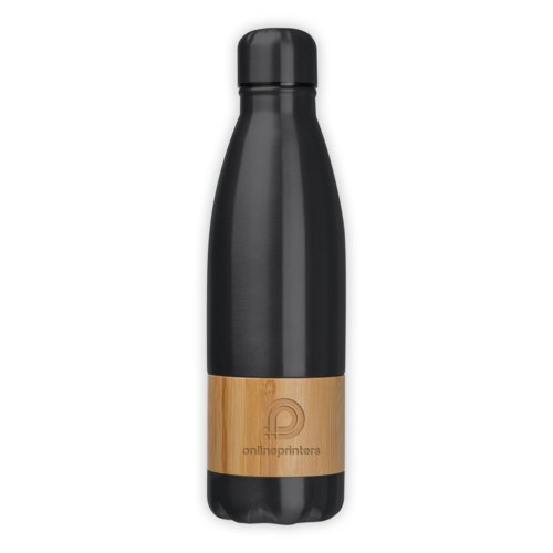 Schwarze Edelstahlflasche mit Bambus-Akzent.